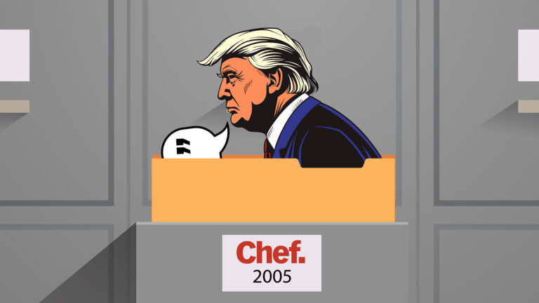 Illustration med bild av Donald Trump som sticker upp ur en arkivmapp i ett arkivskåp.