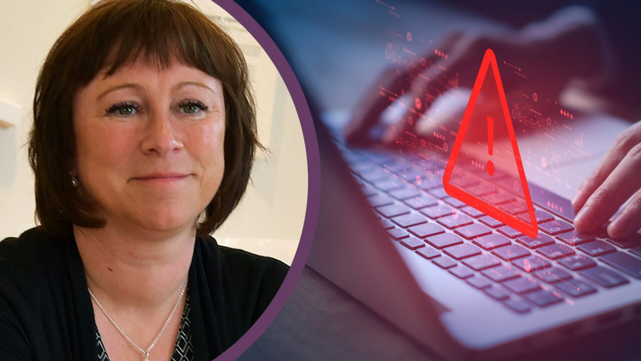 Porträttbild på Åsa Cajander och en dator med en röd varningstriangel