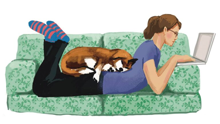 Illustration kvinna som ligger på soffan med sin dator: Anna Harvard