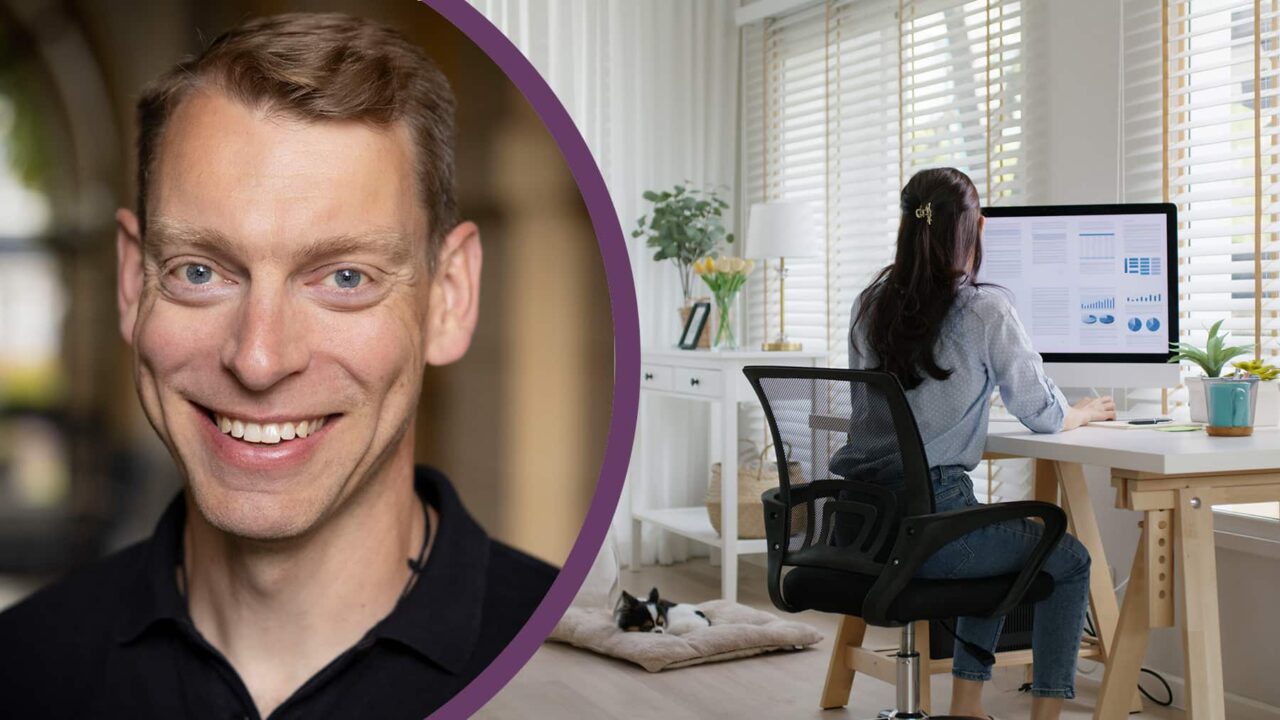 Porträttbild på Robert Björngard + kvinna som jobbar hemma.