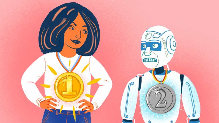 kvinna med medalj runt halsen tittar på robot med medalj runt halsen