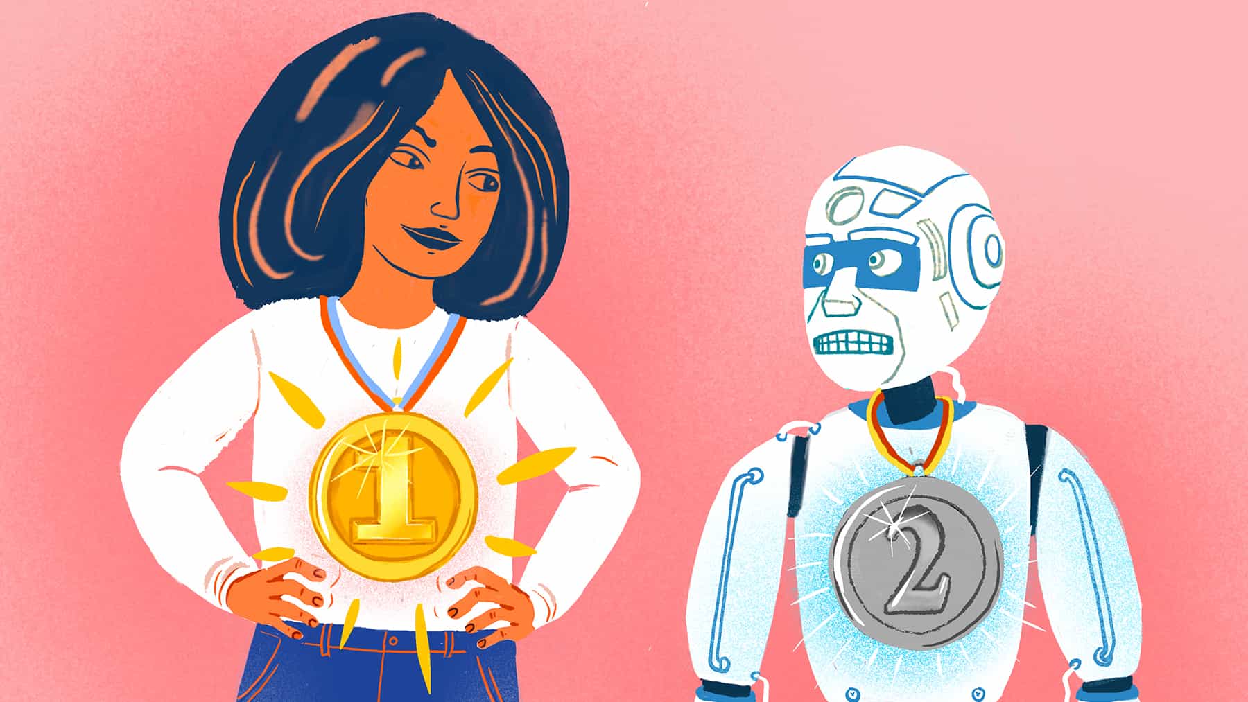 kvinna med medalj runt halsen tittar på robot med medalj runt halsen
