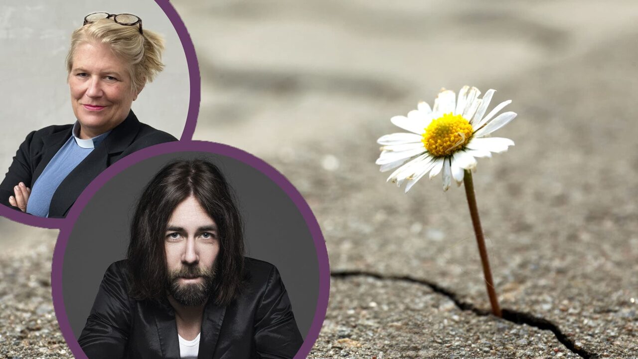 Porträttbilder på Micael Dahlen och Camilla Lif samt en blomma i asfalten