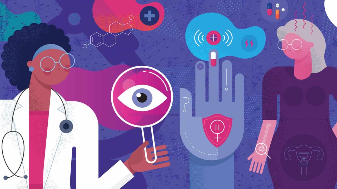 illustration på två kvinnor och olika symboler med ögon, händer, kvinnosymbolen