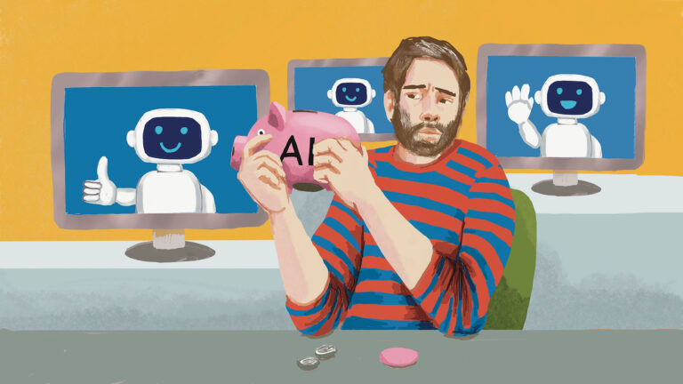 Illustration på man som håller i en spargris med ordet AI på. Datorer med robotar i bakgrunden.