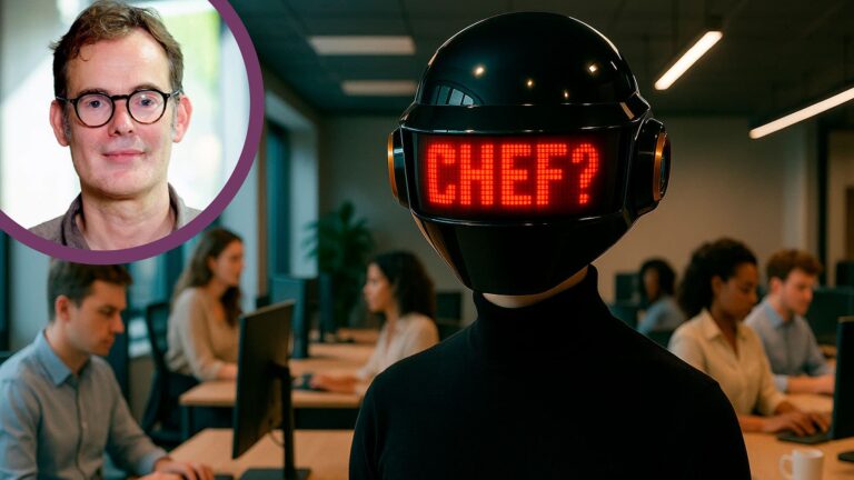 T.v.: Porträttbild på Sverre Spoelstra. T.h.: Bild skapad med hjälp av ChatGPT på en person med hjälm för ansiktet som det står "CHEF?" på