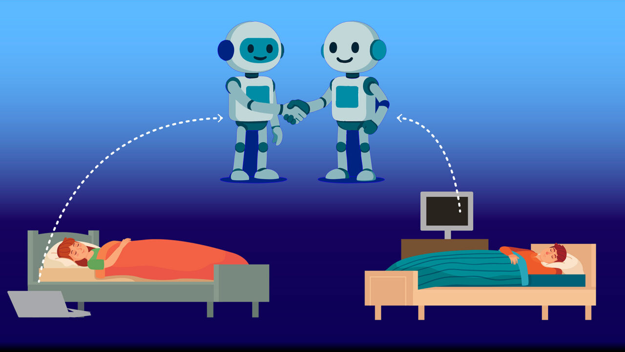 Illustration på 2 robotar och 2 personer som sover