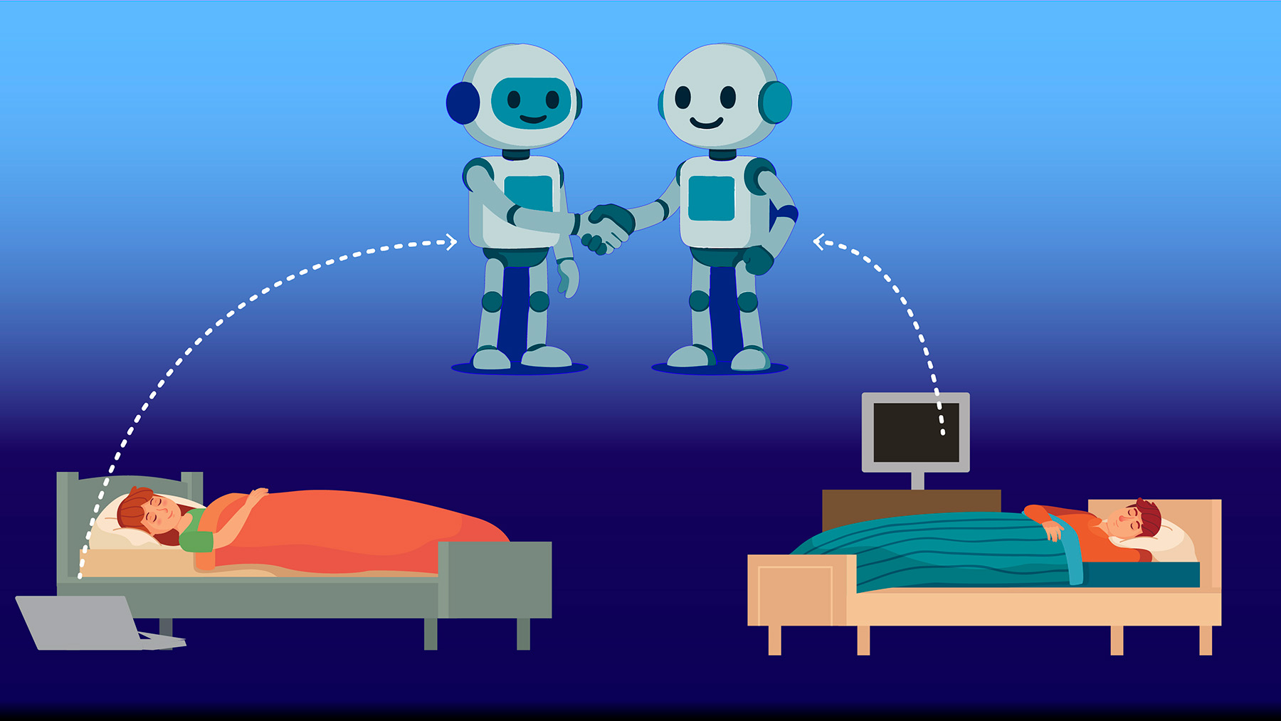 Illustration på 2 robotar och 2 personer som sover