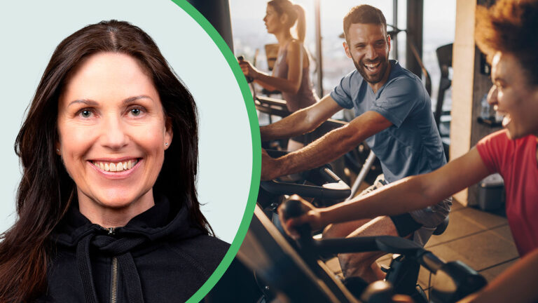 Porträtt av Åsa Severgårdh bredvid bild av glada personer som tränar på gym.