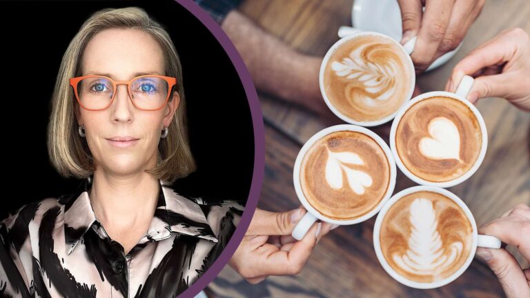T.v.: Elin Helander + bild på 4 kaffekoppar