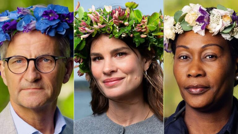 Porträttbilder på Erik Thedéen, Lotta Klemming och Rissa Seidou med sommarkransar