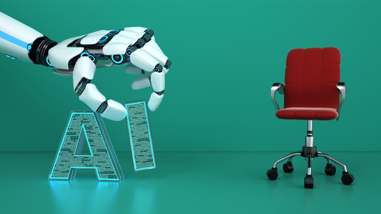 en robothand som håller i en AI-skylt och en stol som står bredvid