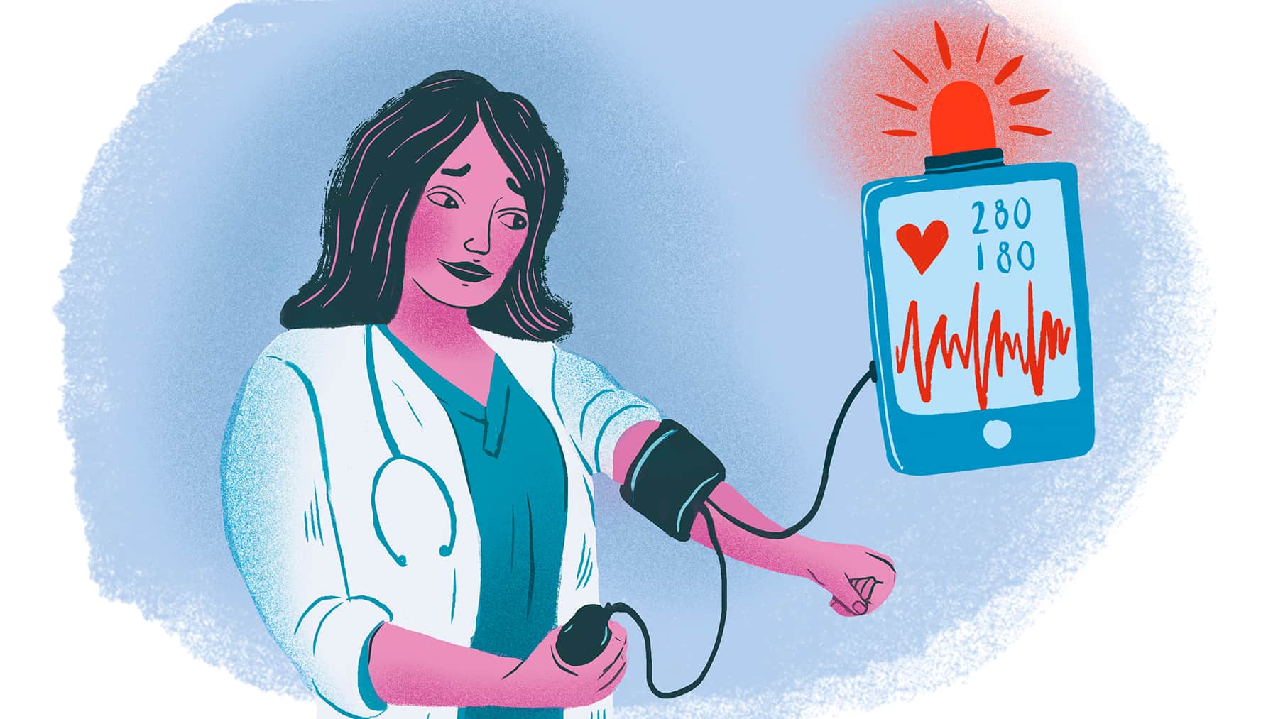 Illustration på en läkare som kollar blodtryck på sig själv