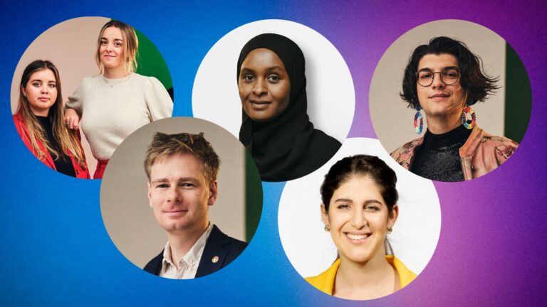 Porträttbilder på Redlocker-duon Clara Lidman och Liza Eriksson, Deqa Abukar, Elias Fjellander, Julius Kramer, Helen Jonasson.