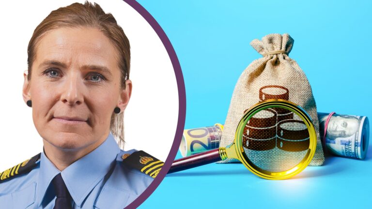 Porträttbild på Lena Palmklint och en säck, ett förstoringsglas och två buntar med sedlar