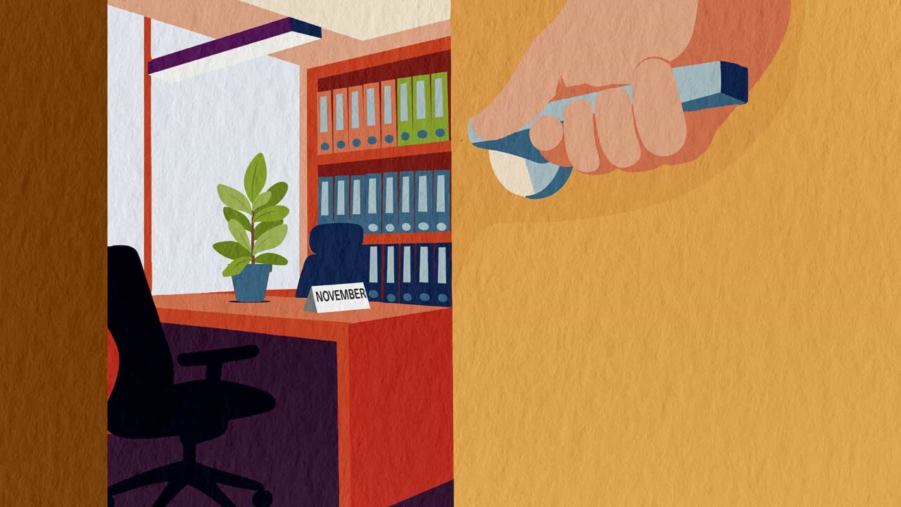 Illustration på dörr som stängs till ett kontor