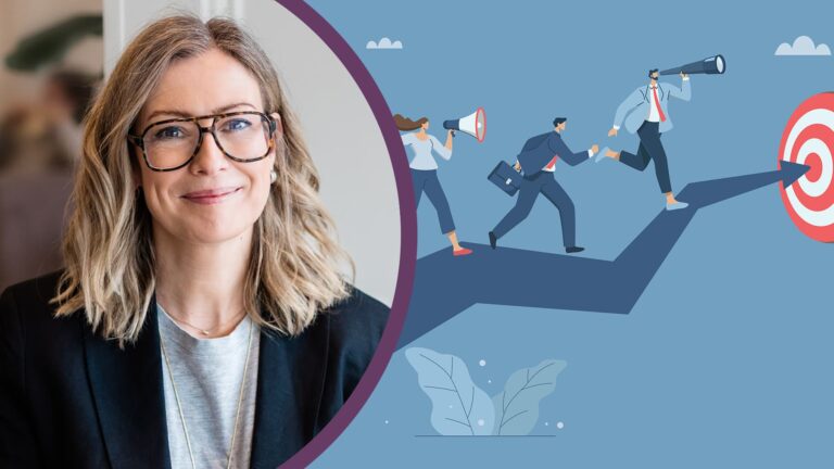 Porträttbild av Emma Vallin. Illustration av karriärister som springer mot ett mål.