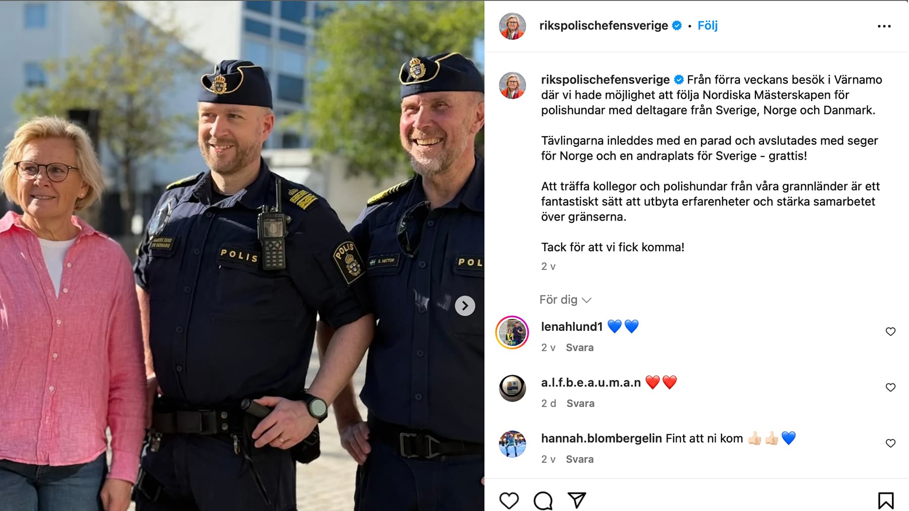 Instagrambild av Petra Lundh och två poliser