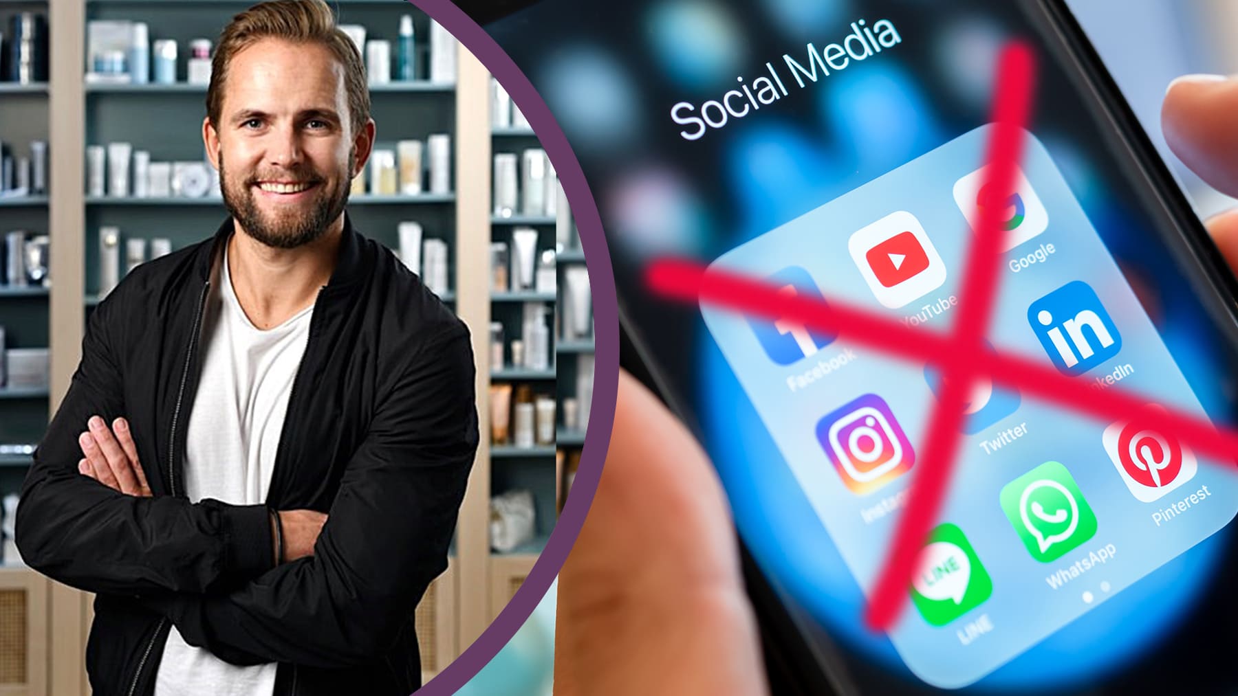 Porträttbild på Rickard Lyko och en bild på en mobil med sociala medier-appar