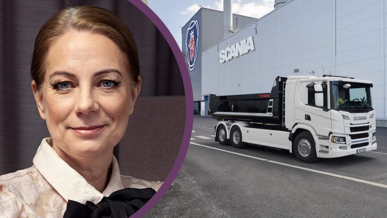 Porträttbild på Petra Schedin Stergel. Och en bild på Scania.