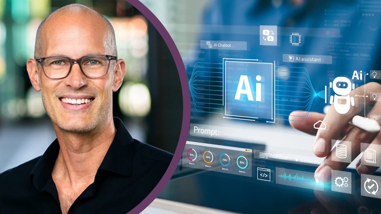 Porträttbild på Conny Svensson samt händer vid en dator med AI-text