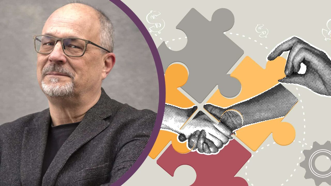 Porträttbild på Patrik Lindenfors och en grafisk bild på pussel och händer