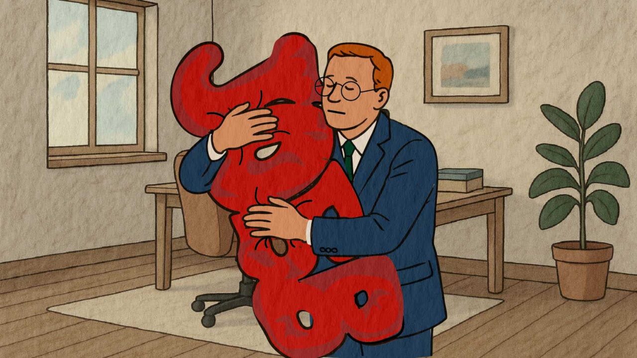 Illustration på man som kramar en kudde som det står JOBB på