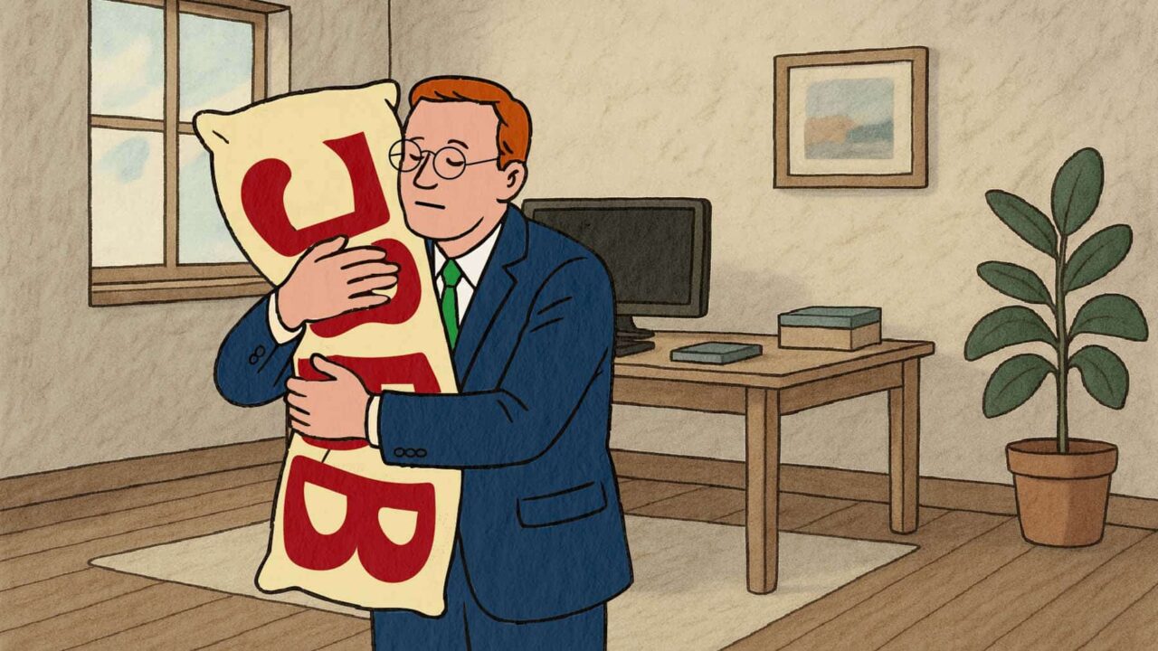 Illustration på man som kramar en kudde som det står JOBB på