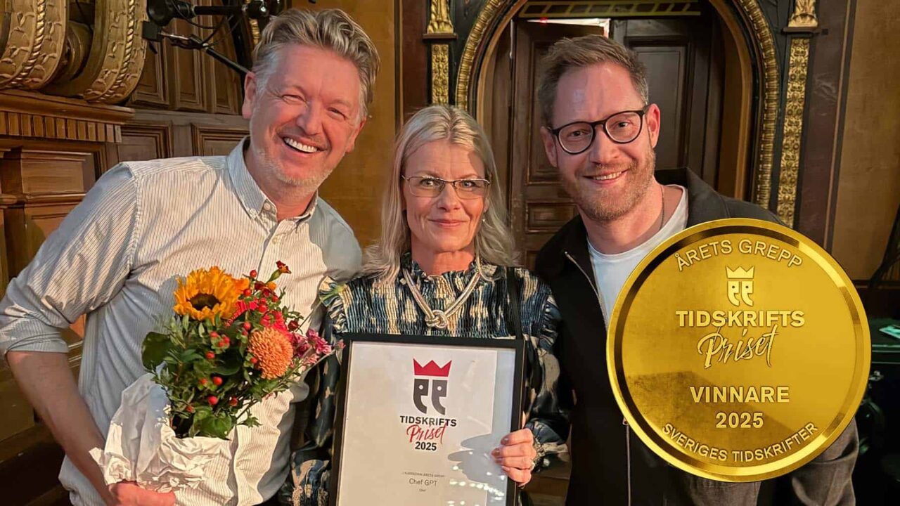 Bild på Kristofer Steneberg, Cecilia Norrby och Calle Fleur som vunnit pris för AI-tjänsten Chef GPT