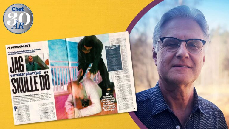 Porträttbild på Peter Hollbrink samt faksimil på gammalt nummer av Chef
