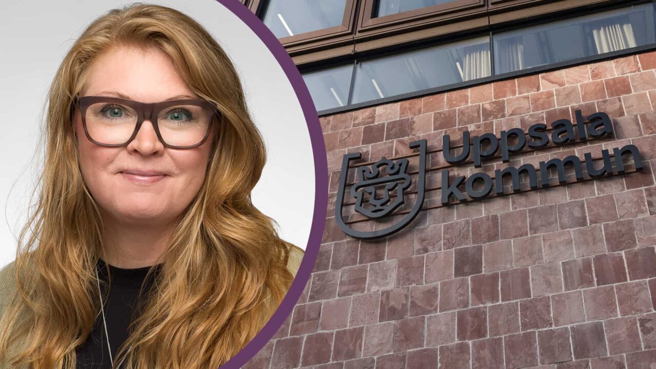 Porträttbild på Elin Holthe och fasad på Uppsala kommunhus