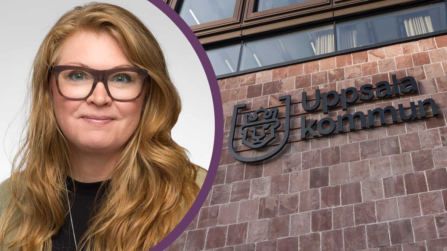 Porträttbild på Elin Holthe och fasad på Uppsala kommunhus