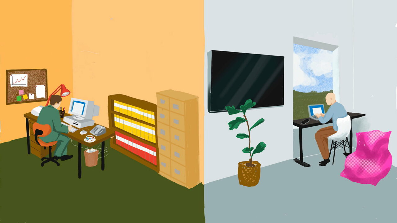 Illustration på två personer som sitter i varsitt kontor