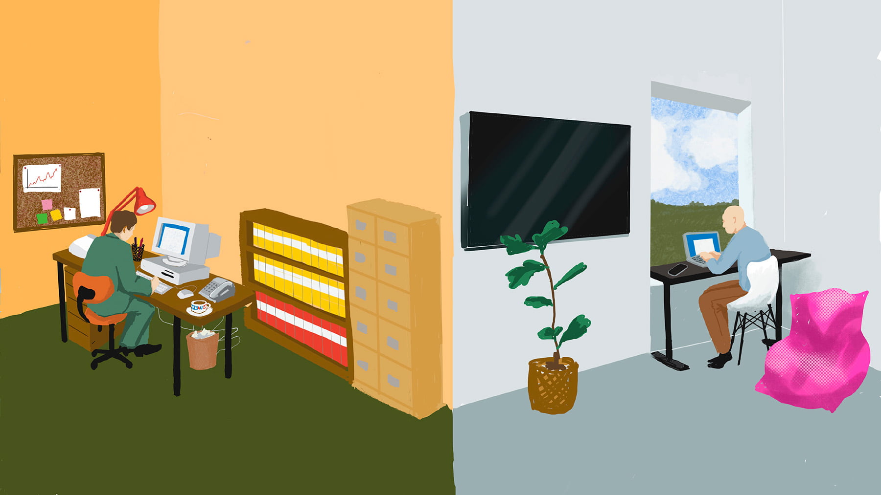 Illustration på två personer i varsitt kontor