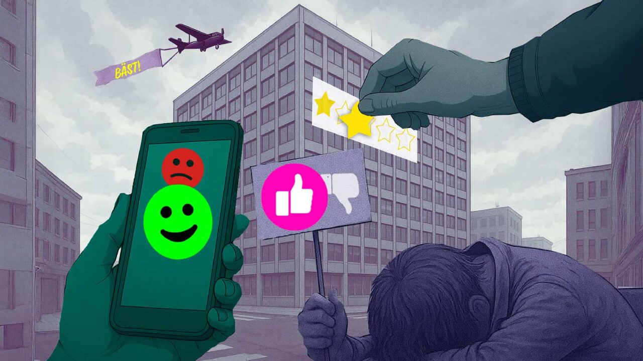 Organisatorisk narcissism. Illustration på mobil, händer, emojisar och stjärnor.