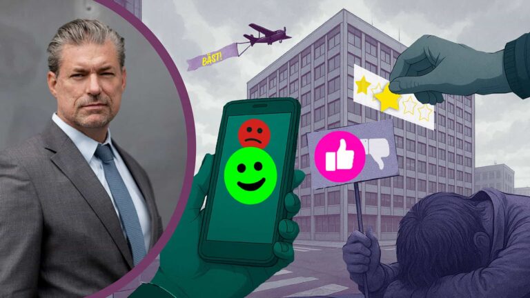 Porträttbild på Simon Elvnäs. Organisatorisk narcissism. Illustration på mobil, händer, emojisar och stjärnor.