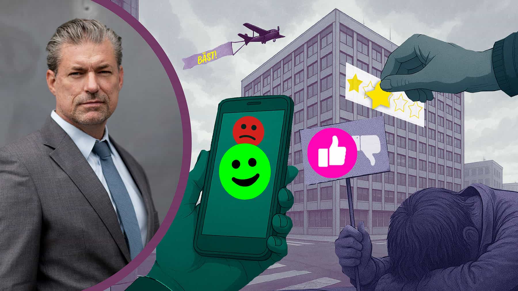 Porträttbild på Simon Elvnäs. Organisatorisk narcissism. Illustration på mobil, händer, emojisar och stjärnor.