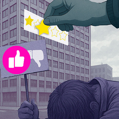 Illustration på person som håller i en skylt, emojisar och stjärnor på en fasad