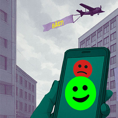 Illustration på en mobil med emojisar, ett flygplan med en banderoll