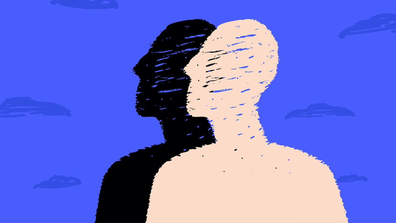 Illustration på två ansiktslösa profiler mot en blå bakgrund