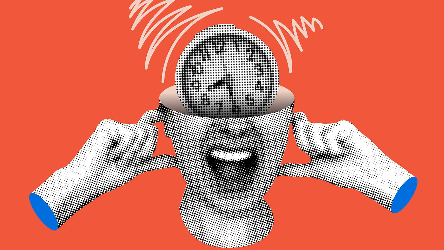 Grafik och illustration på kvinna som skriker och har en ringande klocka i huvudet