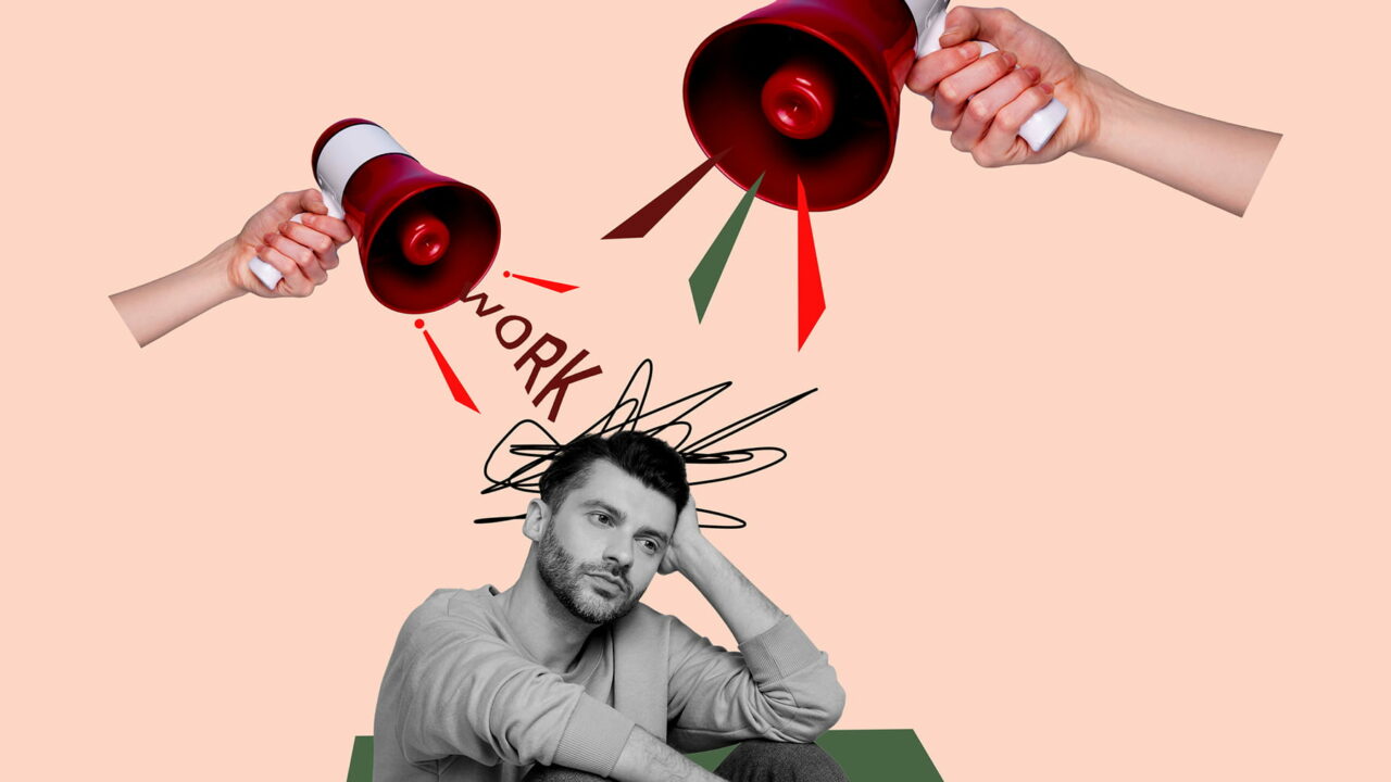 Grafisk bild på en man som tänker med två högtalare ovanför huvudet