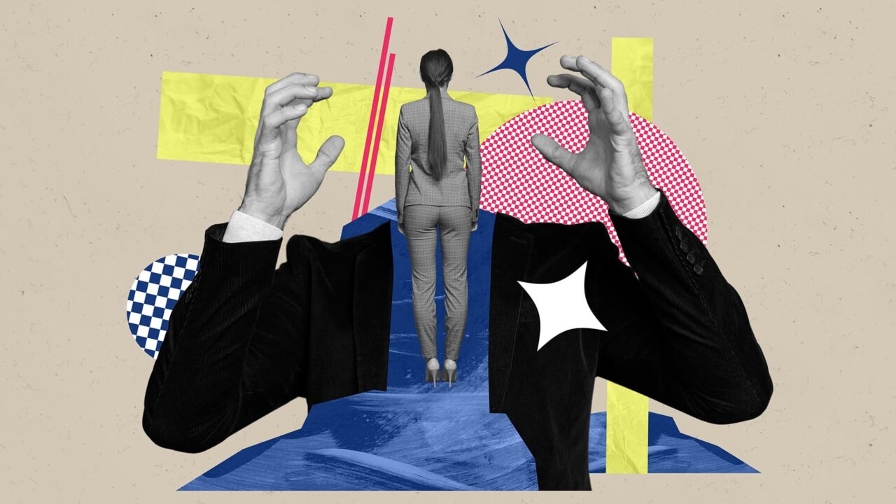 grafik på kvinna i kostym bakifrån och två händer som lyfts från en annan person i kostym