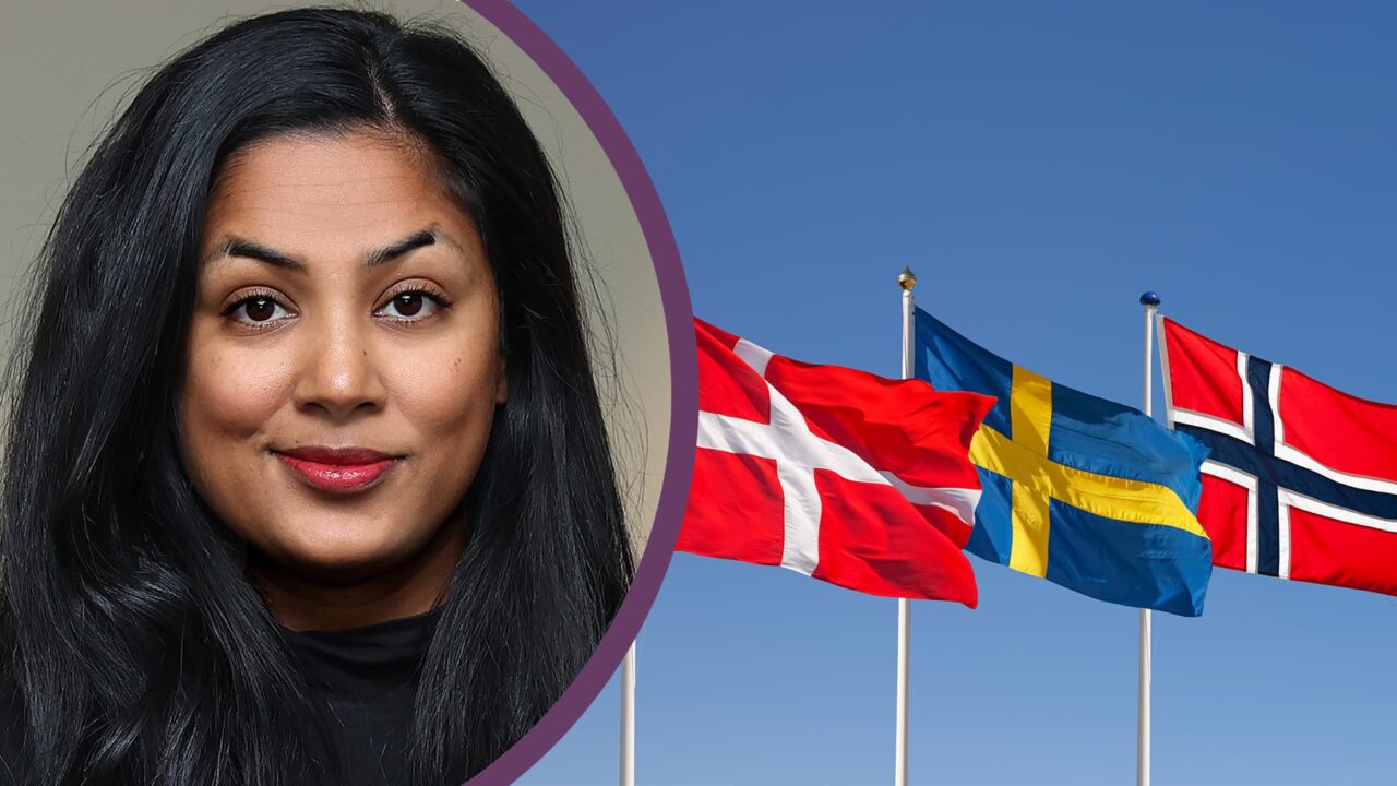 Porträttbild på Amanda Lundeteg och bild på de skandinaviska flaggorna