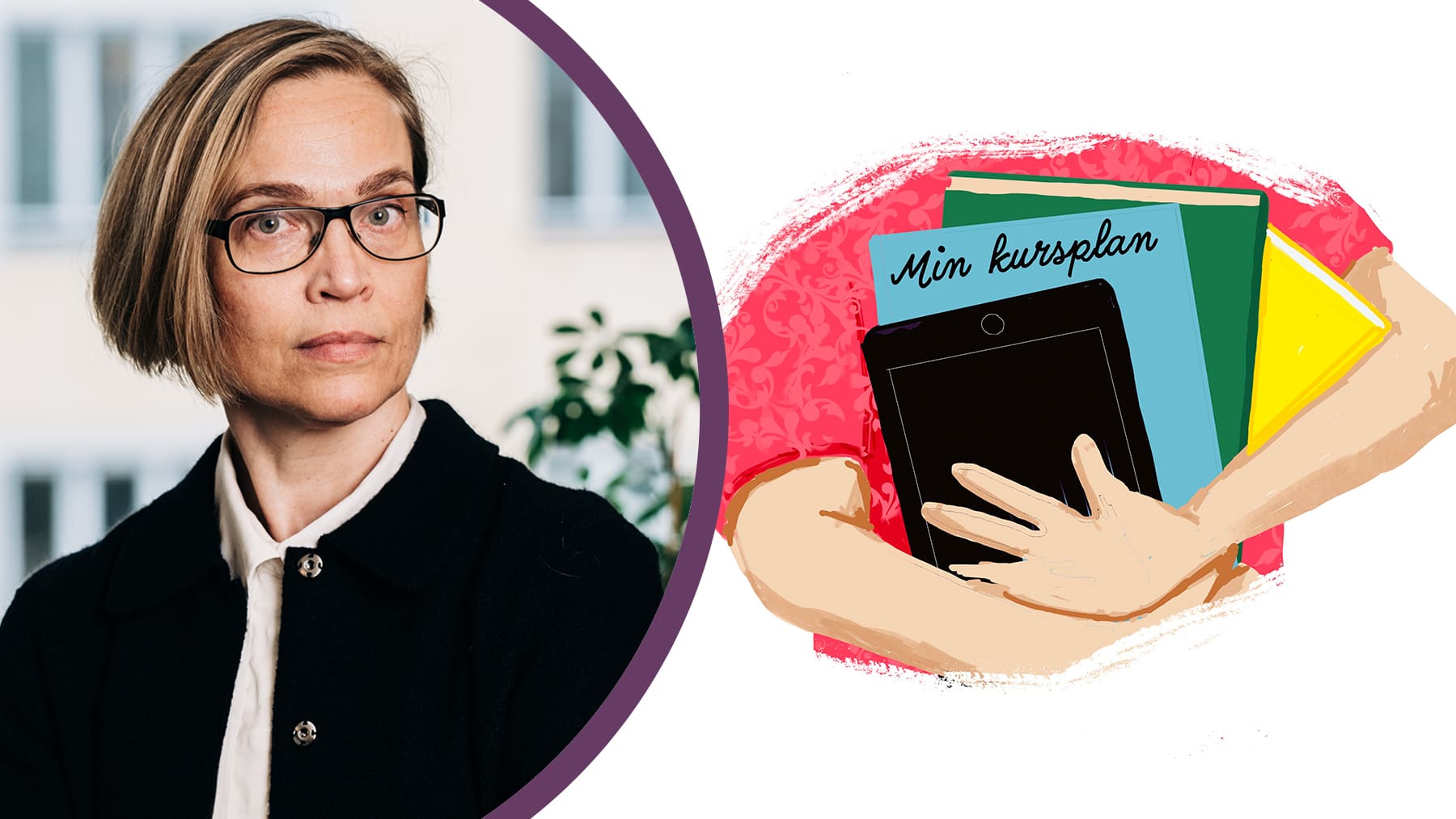 Porträttbild på Lotta Stern och illustration på händer och böcker