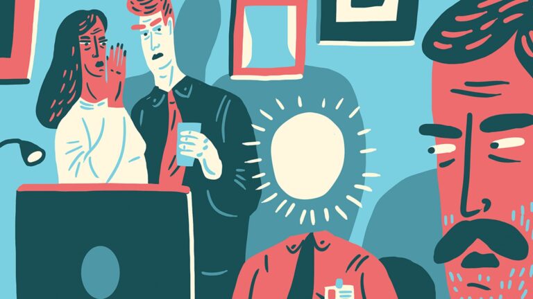 Illustration på två personer som pratar, en man som sitter vid datorn och en arg person tittar på alla