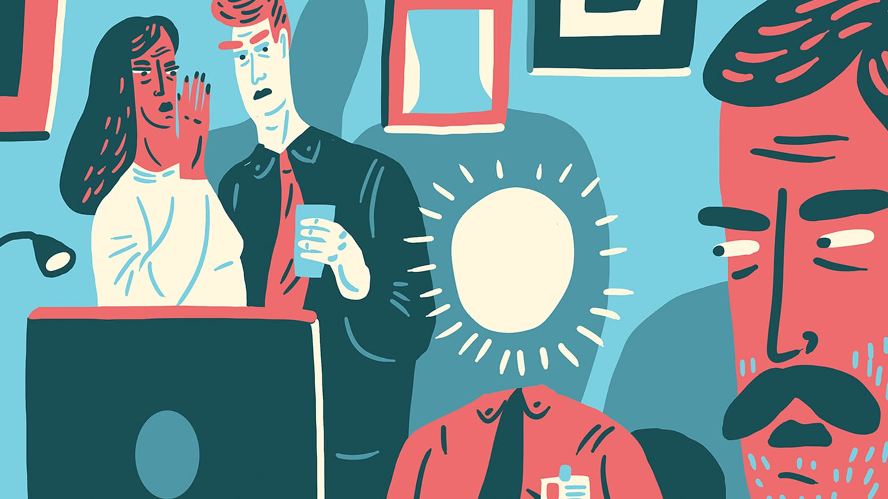 Illustration på två personer som pratar, en man som sitter vid datorn och en arg person tittar på alla