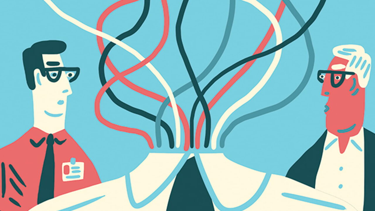 Illustration på två personer som tittar på varandra samt en huvudlös person med sladdar som "huvud"