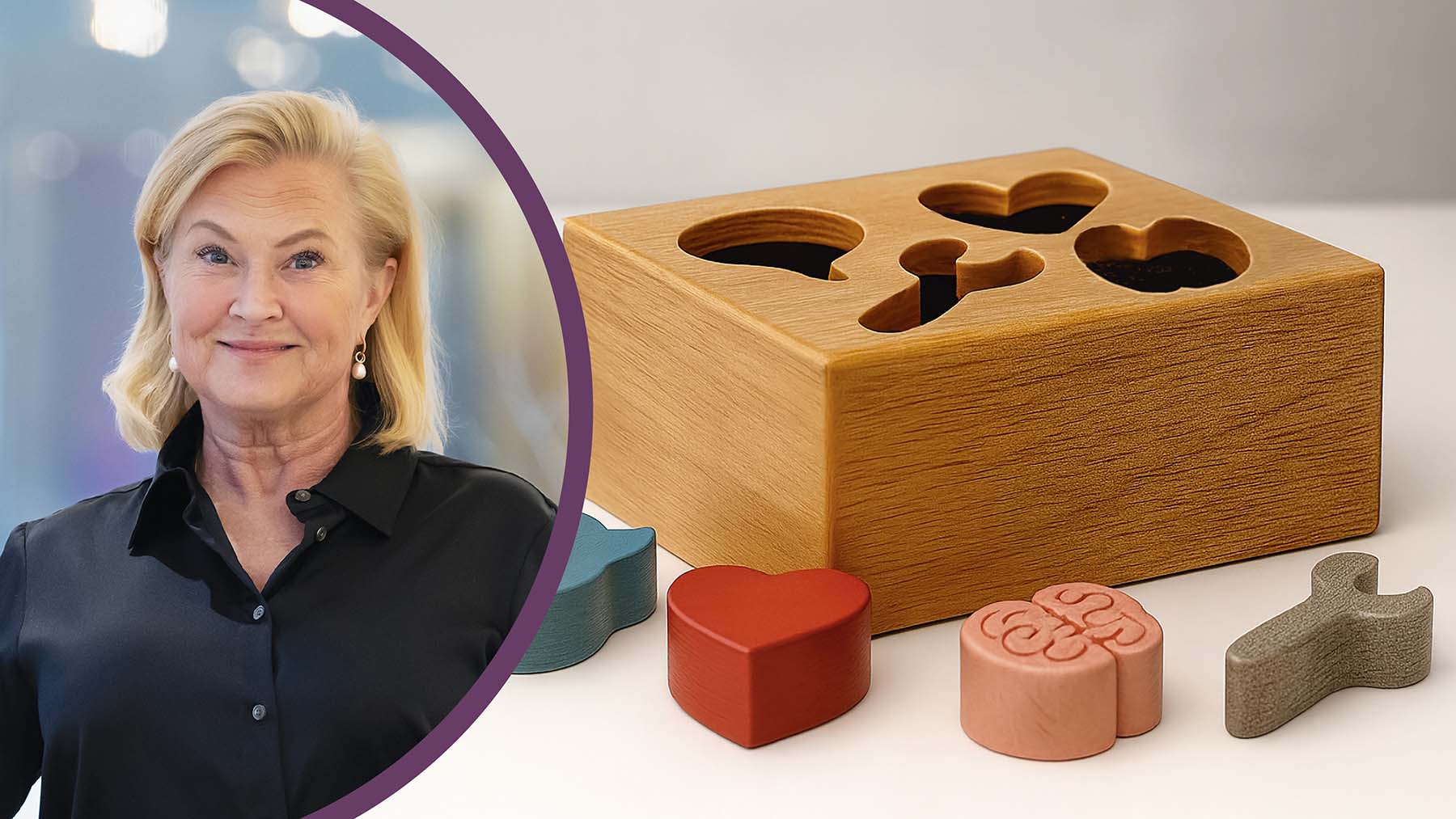 Porträttbild på Maria Hemström Hemmingsson, och bild på klossar