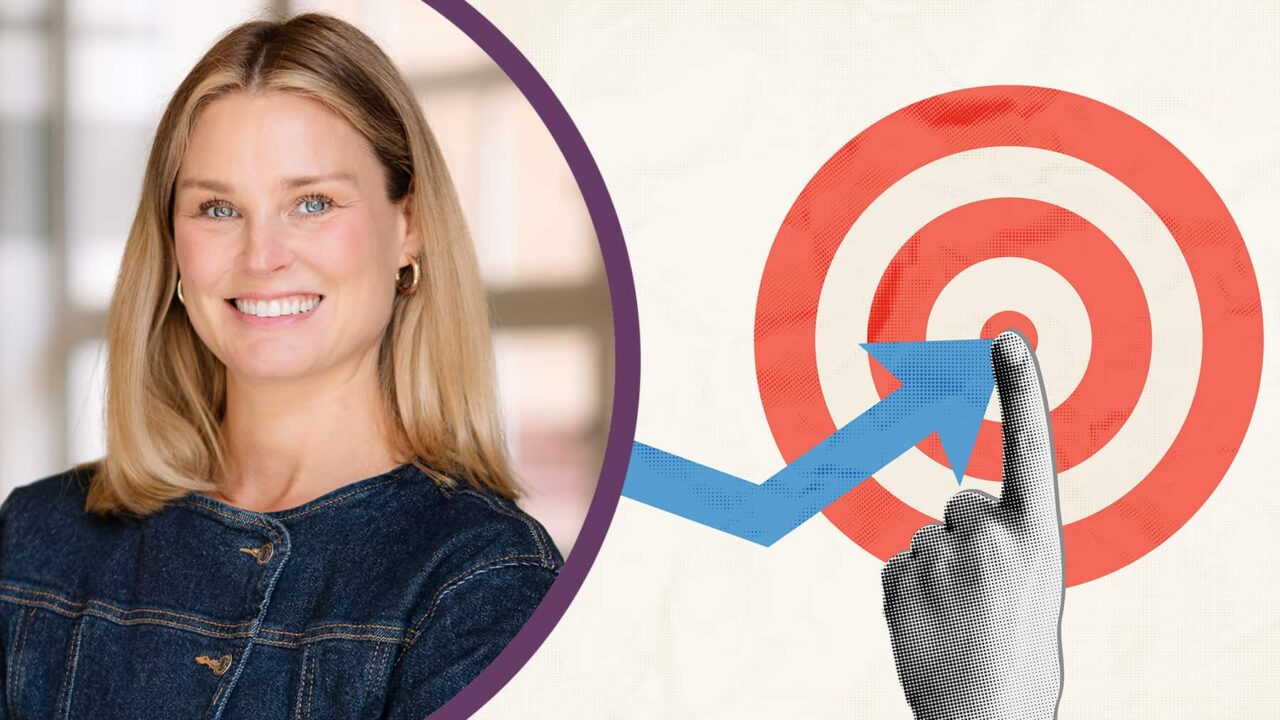 Porträttbild på Sophie Hedestad och illustration på ett cirkel, en pil och en hand